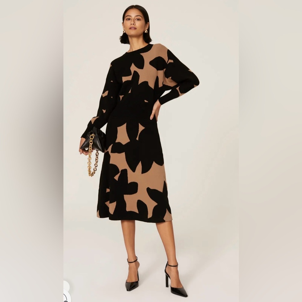 HUGO BOSS Fanettie Black Brown Floral Knit Long Sleeve Sweater Dress Size XS
